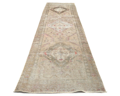 14 Ft Vintage Brown Persian Style Distressed Hand Knotted Low Pile Wool Runner Rug